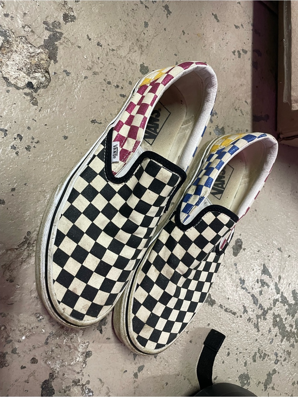 Vans Classic Slip-On Checkerboard Shoes with Multicolor Accents